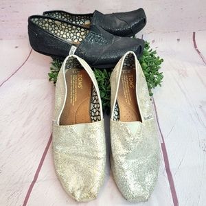 Tom's Glitter (2 pair) Black & Silver slip-ons 7.5